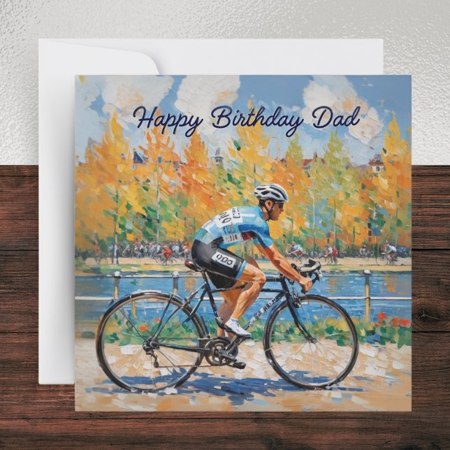 Carte Course à vélo à l'aquarelle Joyeux Anniversaire Pa (A stylish card with picture of a cyclist in a bicycle race and 'Happy Birthday Dad' greeting)