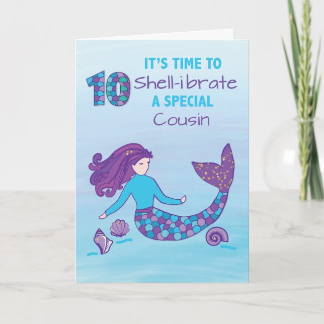 Carte Cousin 10e anniversaire Sparkly Look Sirène (Devant)