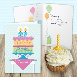 Carte Cousin 27e Anniversaire Gâteau Avec Nombre Bougies
