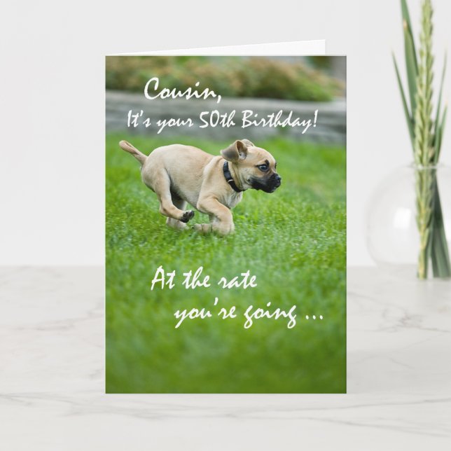 Carte Cousin, 50e Anniversaire Chien en Course (Devant)