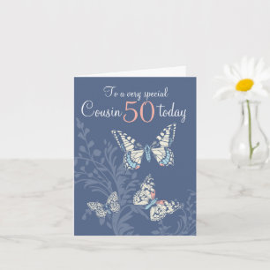 Carte Cousin 50e anniversaire papillons corail bleu