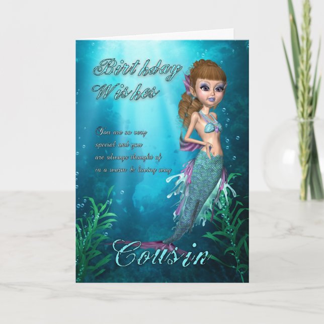 Carte Cousin Anniversaire Avec Mignonne Sirène (Devant)