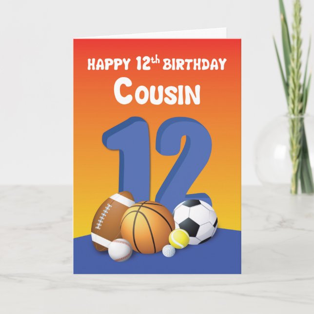 Carte Cousin Boy 12e anniversaire des balles de sport (Devant)