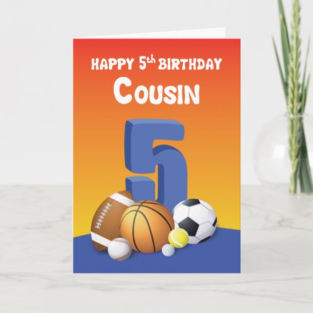 Carte Cousin Boy 5e anniversaire Ballons de sport (Devant)
