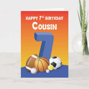 Carte Cousin Boy 7e anniversaire Balles de sport
