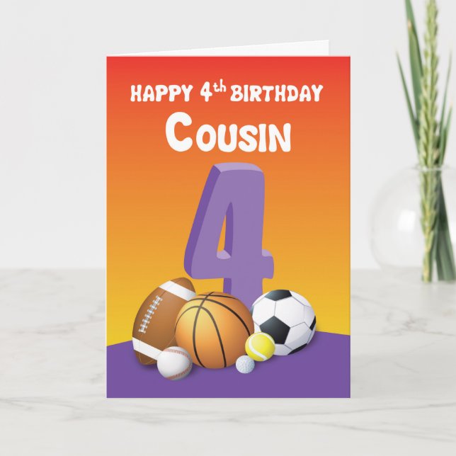 Carte Cousin Girl 4e anniversaire des balles de sport (Devant)