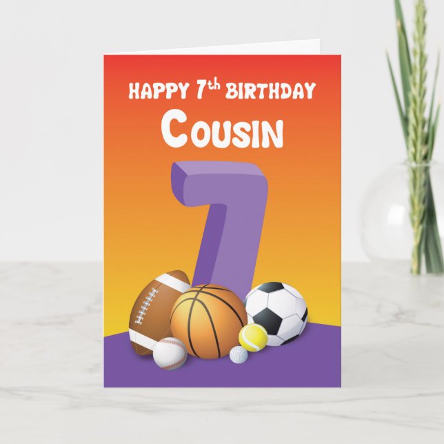 Carte Cousin Girl 7e anniversaire des balles de sport (Devant)