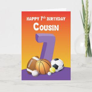 Carte Cousin Girl 7e anniversaire des balles de sport