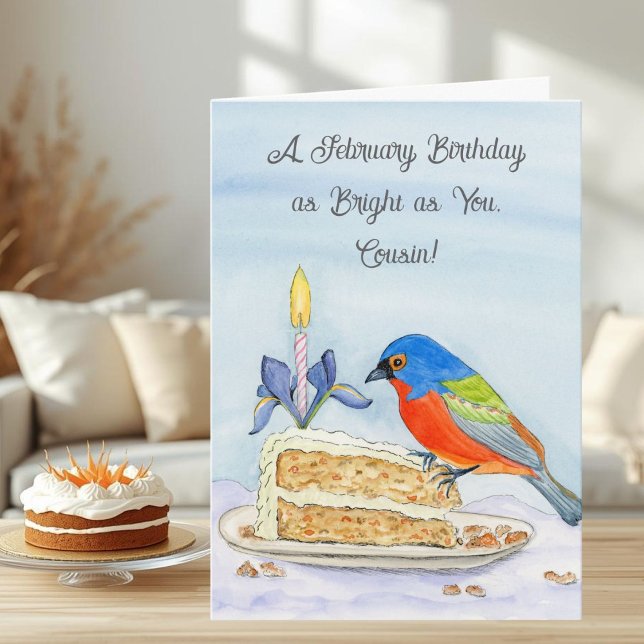Carte Cousin Happy February Birthday Painted Bunting (Créateur téléchargé)