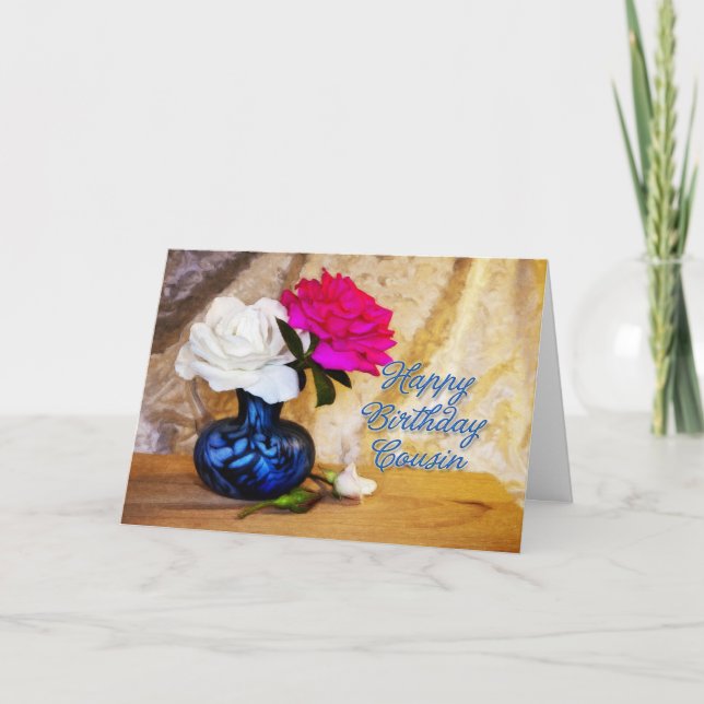 Carte Cousin, Joyeux anniversaire avec des roses peints (Devant)