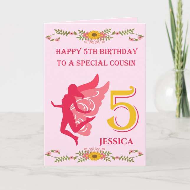 Carte Cousine Fée Rose 5ème Anniversaire (Devant)