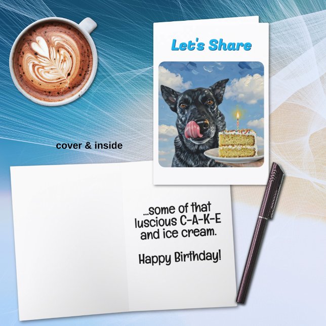 Carte Couverture de texture de peinture à l'huile de chi (Fun dog and birthday cake greeting card template text on cover and inside greeting. )