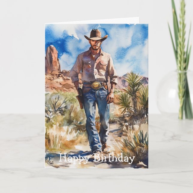 Carte Cow-boy à l'aquarelle dans le désert (Devant)