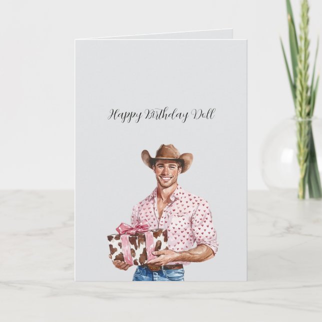 Carte Cow-boy chapeauté avec cadeau d'anniversaire (Devant)