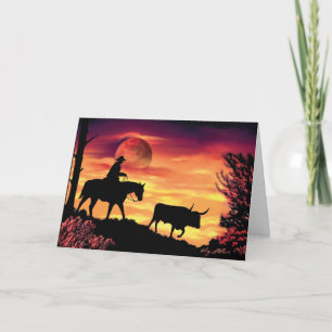 Carte Cowboy Herding Longhorn Steer