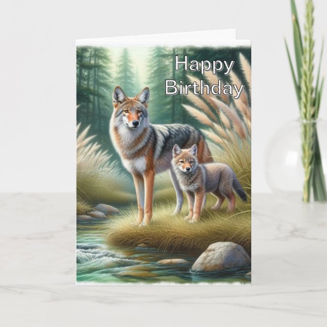 Carte Coyote et chiot Joyeux Anniversaire Faune  (Devant)