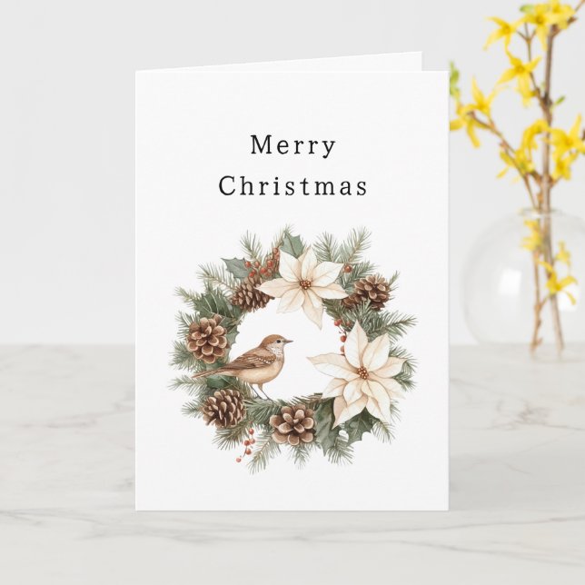 Carte Cozy Warm Christmas Poinsettia Pine Cones Bird (Fleur jaune)