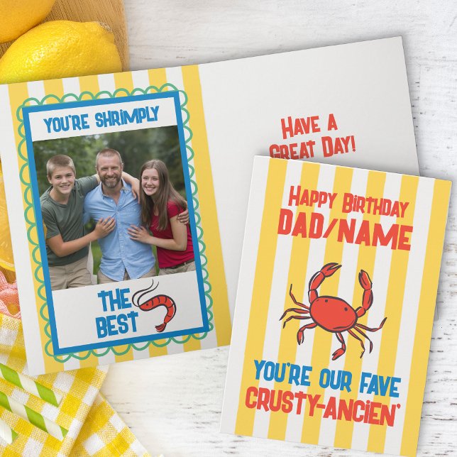 Carte Crabe amusant Amalfi Yellow Stripe Photo Anniversa (funny birthday photo card with crab and crustacean themed dad jokes)