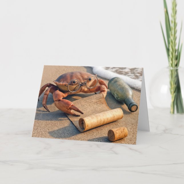 Carte Crabe d'anniversaire lisant un message sur une pla (Devant)