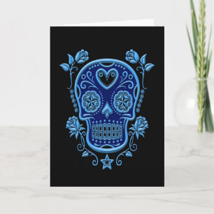 Carte Crâne à sucre bleu avec Roses sur noir