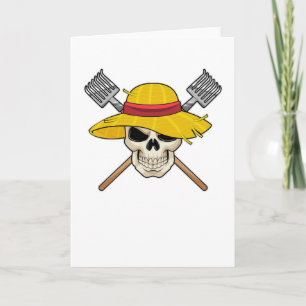 Carte Crâne avec chapeau comme agriculteur avec râteau
