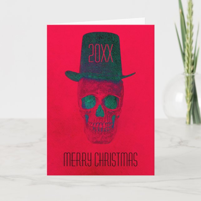 Carte Crâne avec chapeau rouge vert Halloween Noël (Devant)