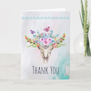 Carte Crâne Boho avec papillons et Merci de fleurs