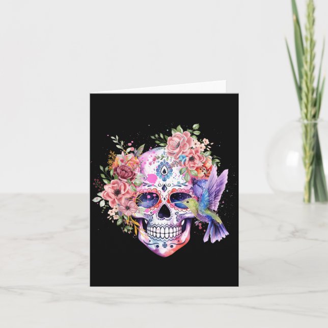 Carte Crâne de sucre Fleur Rétro avec Colibri (Devant)