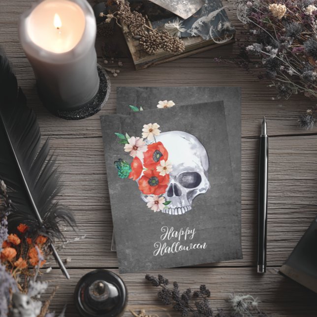 Carte Crâne Floral Halloween (Boho Floral Skull Halloween Card)