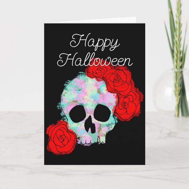 Carte Crâne Floral Joyeux Halloween Message (Devant)