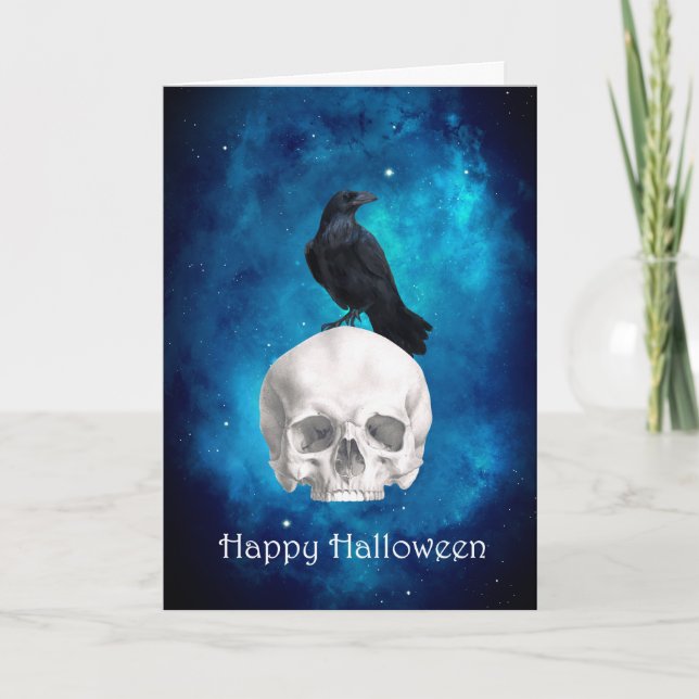 Carte Crâne squelette effrayant Corbeau Joyeux Halloween (Devant)