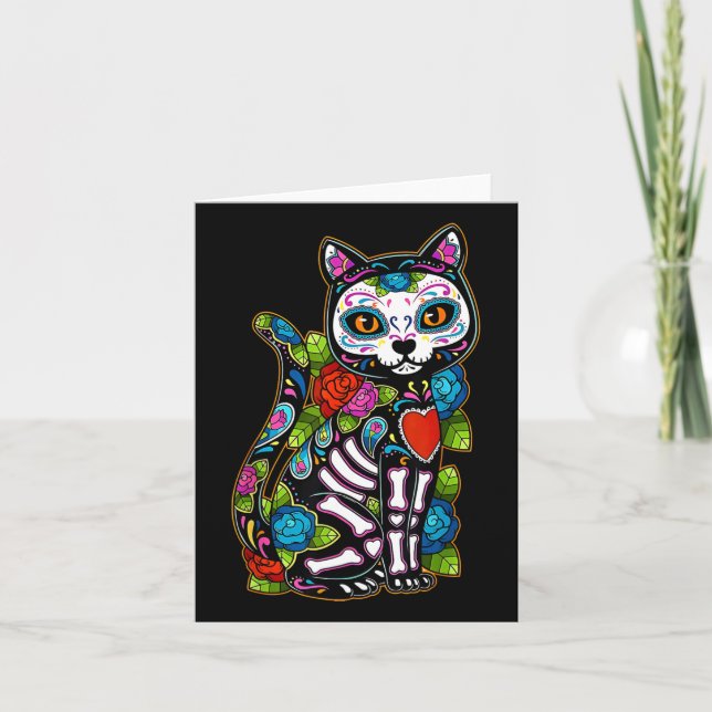 Carte Crâne sucre Chat noir De Los Muertos Catrina Jour  (Devant)