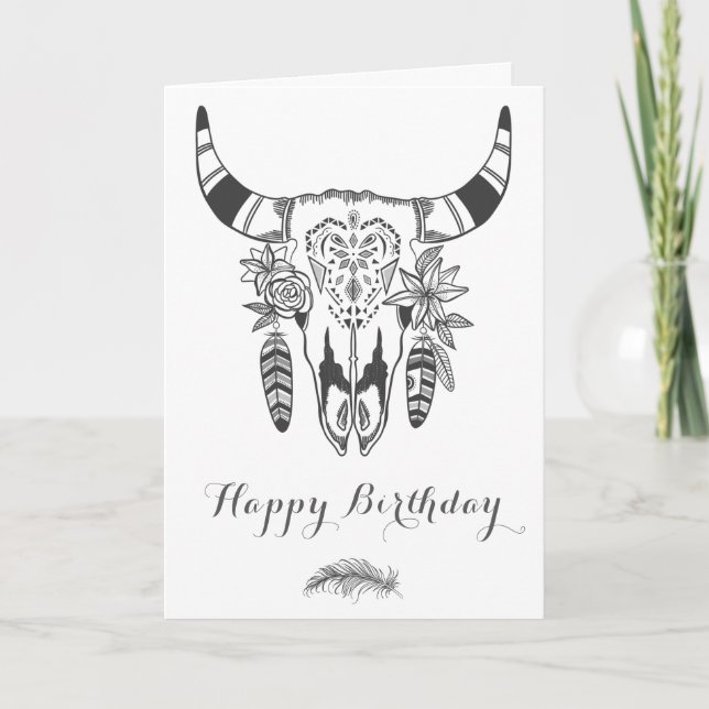 Carte Crâne Tribal Boho Gris et Blanc Anniversaire Bohèm (Devant)