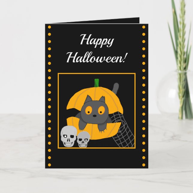 Carte Crânes Citrouilles de chat noir Enfants Halloween (Devant)