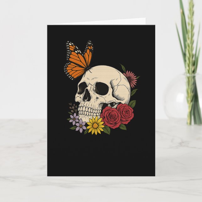 Carte Crânes Papillon Monarque Fleurs Halloween Hommes F (Devant)