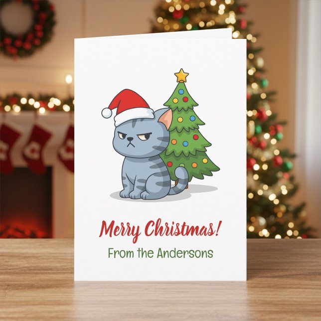 Carte Cranky Grey Tabby Cat Red Hat Christmas Tree (Créateur téléchargé)