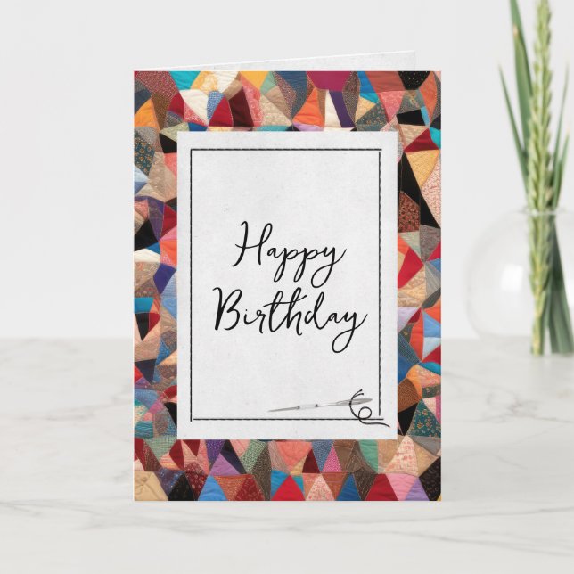 Carte Crazy Quilt Motif et Aiguille Anniversaire (Devant)