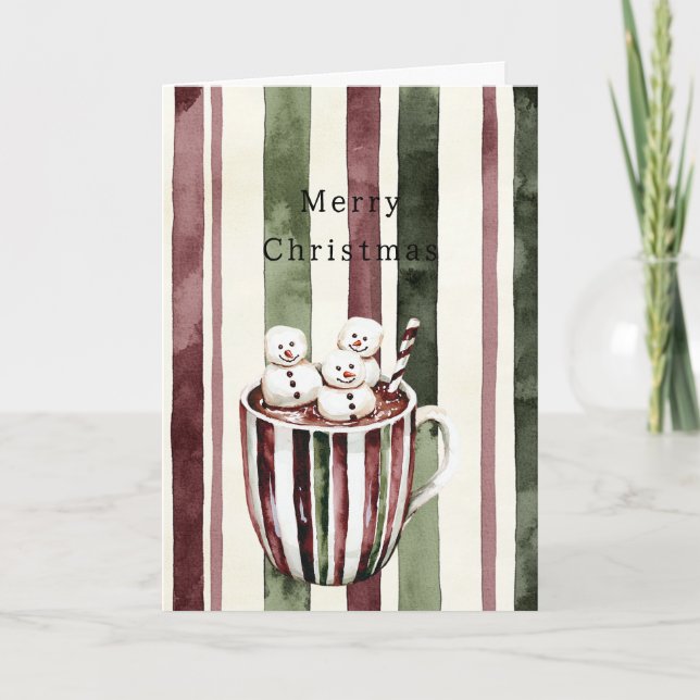 Carte Cream Burgundy Red Stripes Christmas Snowmen Cup (Devant)