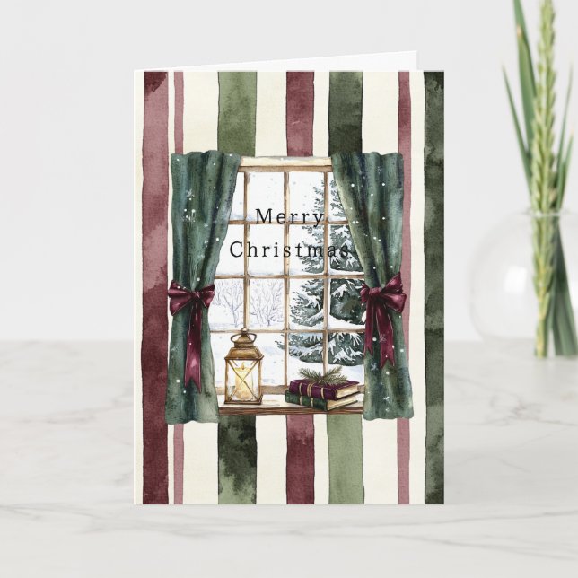 Carte Cream Burgundy Red Stripes Window Tree Christmas (Devant)
