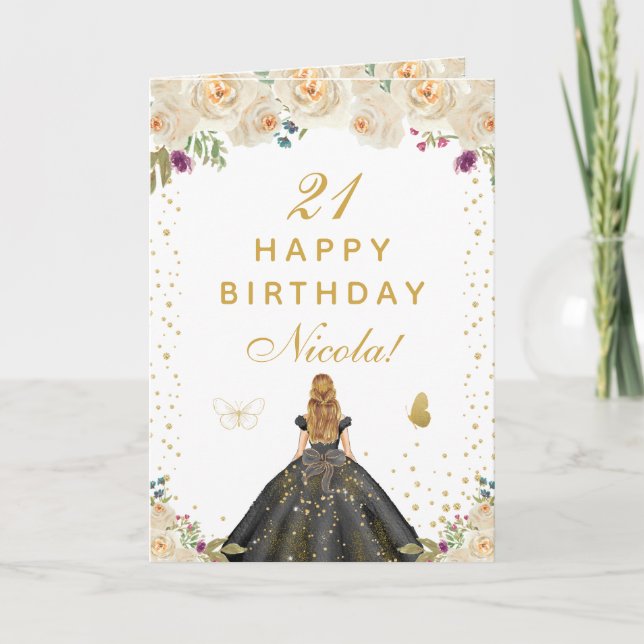 Carte Cream Floral Blonde Hair Girl Birthday (Devant)
