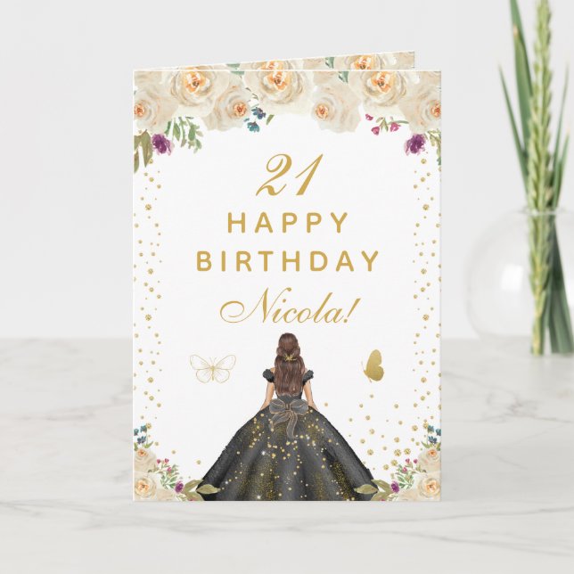Carte Cream Floral Brunette Hair Girl Birthday (Devant)
