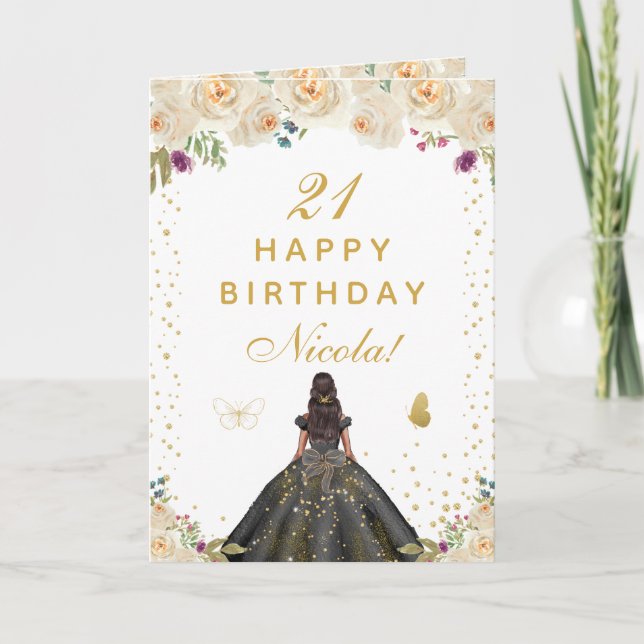 Carte Cream Floral Dark Skin Girl Birthday (Devant)