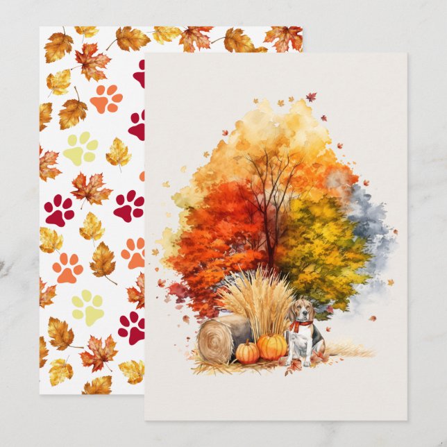 Carte Création de chien à l'aquarelle automne - Beagle (Devant / Derrière)