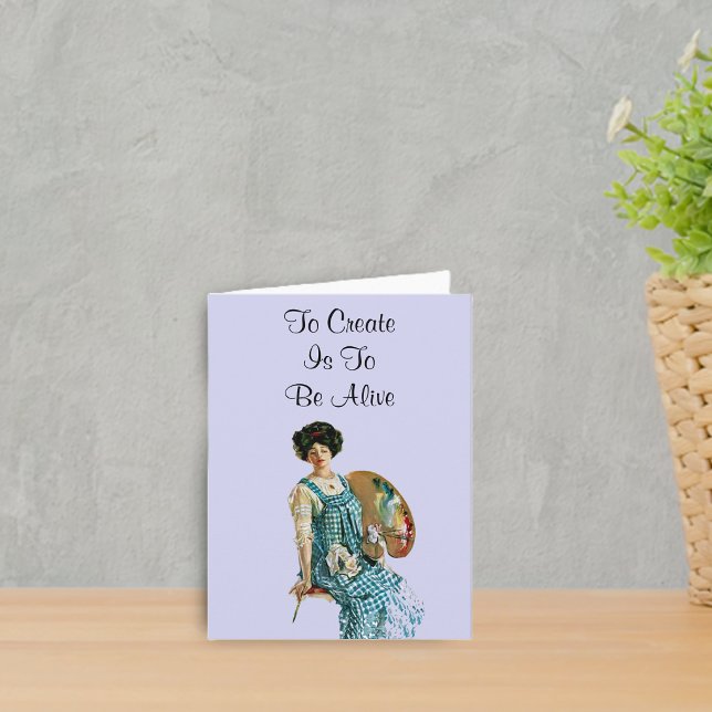 Carte Creative Artist Note (Victorian artist lady holding paint pallete To Create is to be Alive pale blue notecard.)