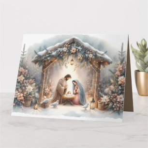 Carte Crèche rustique avec fleurs d'hiver