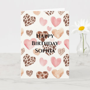 Carte Crème Brown rose Leopard Coeurs animaux Anniversai