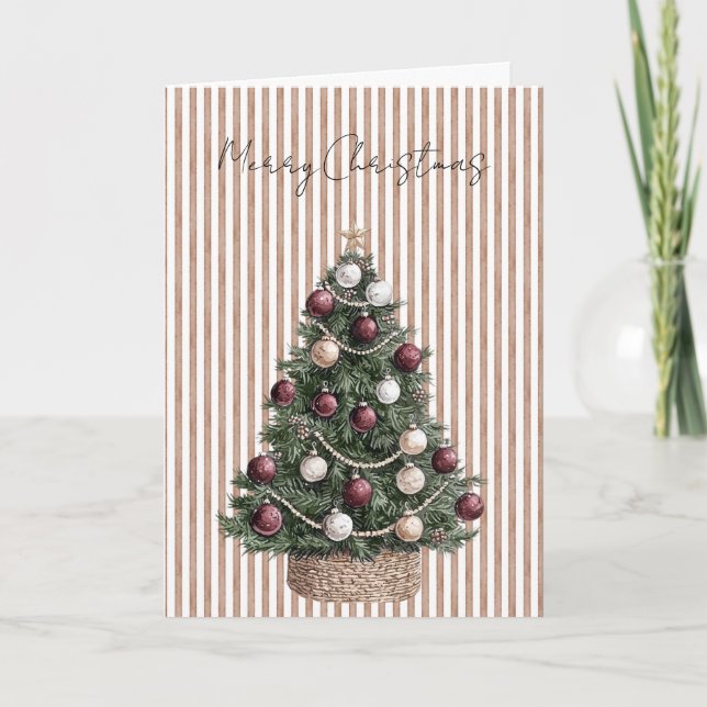 Carte Crème Chic Brown rayures Arbre de Noël (Devant)
