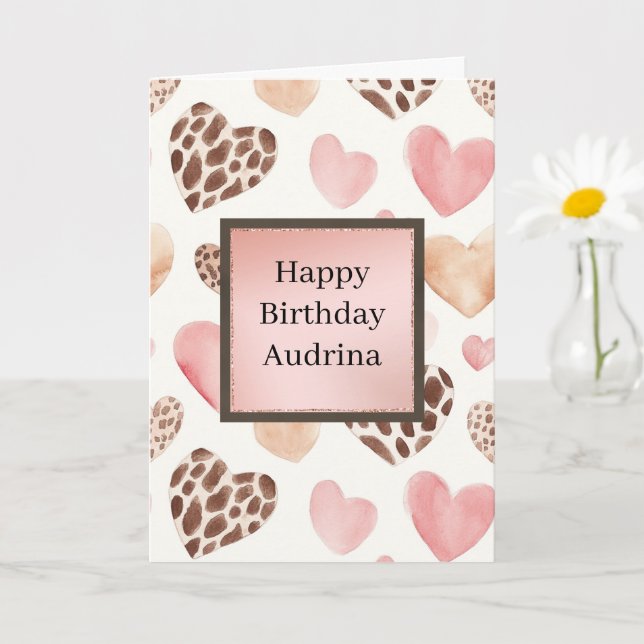 Carte Crème Rose Fard Léopard Coeurs Anniversaire (Petite plante)