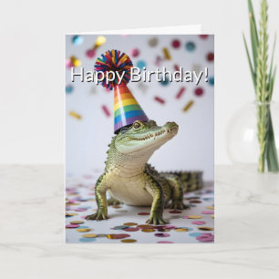 Carte Crocodile portant un chapeau de fête d'anniversair