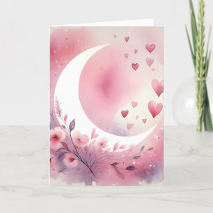 Carte Croissant de Lune à l'aquarelle, Cœurs, Fleurs de